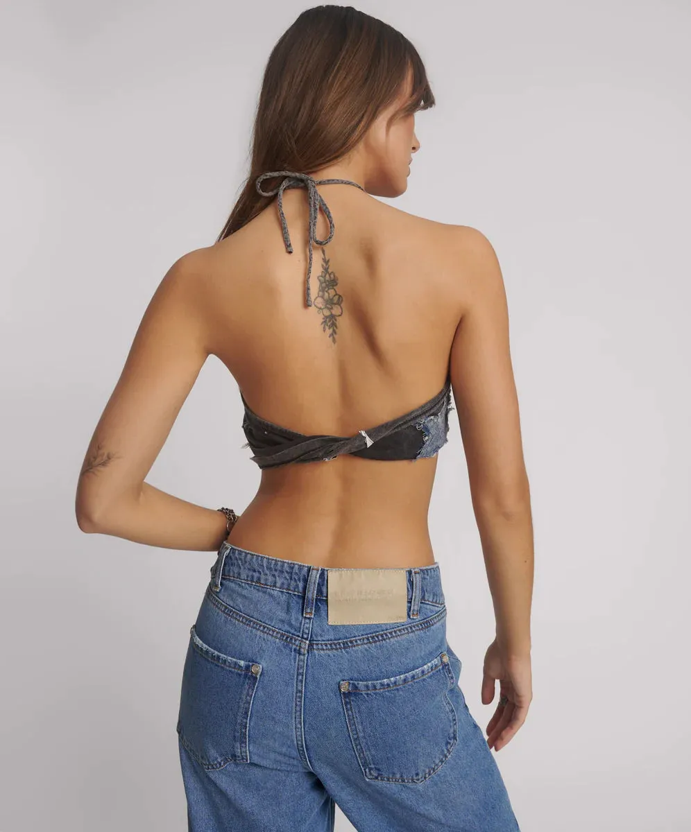 One Teaspoon - Applique Star Halter Crop Top - Washed Black