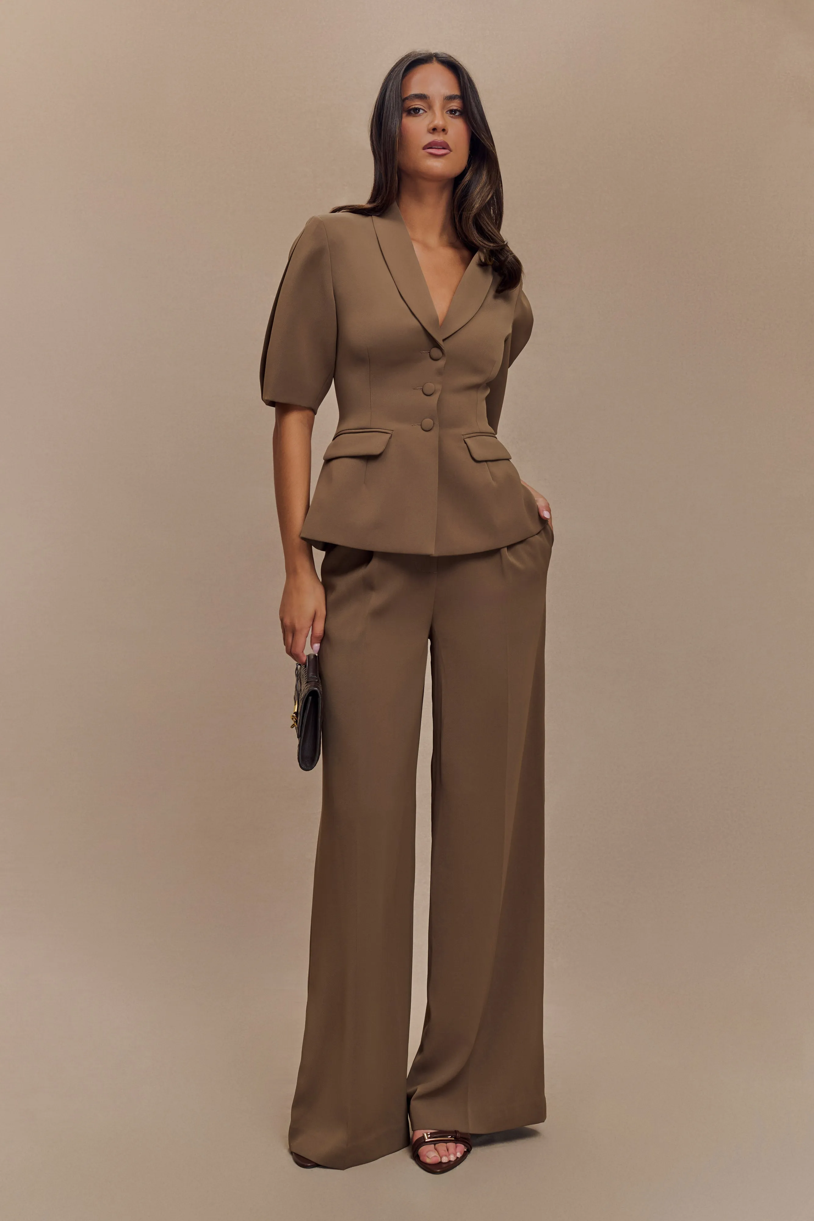 Opal Puff Sleeve Suiting Top - Cacao Brown