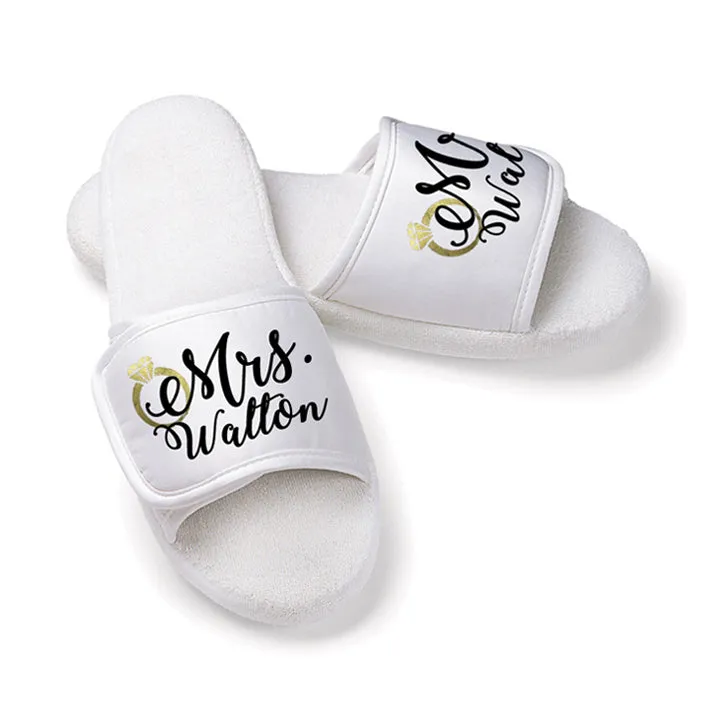 Personalized Mrs. Bridal Slippers with Metallic Gold Ring