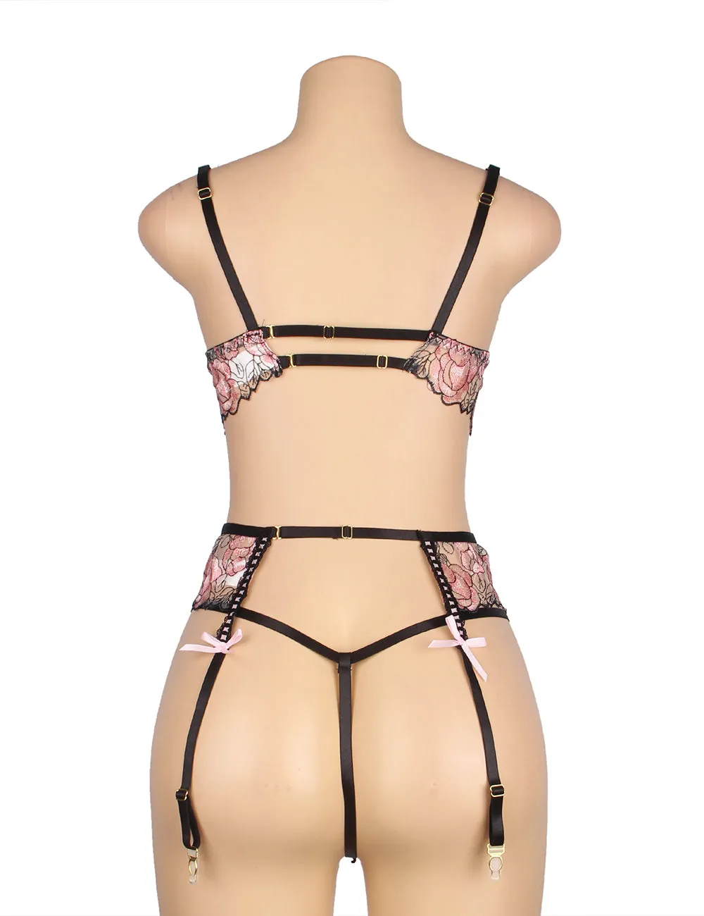 Pink Floral Lace Underwire Garter Bra Set