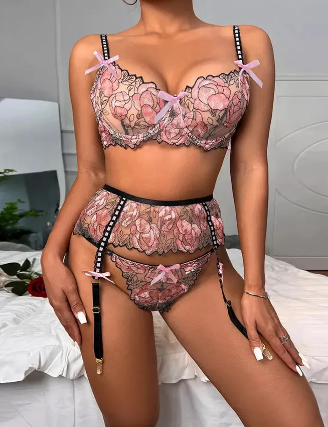 Pink Floral Lace Underwire Garter Bra Set