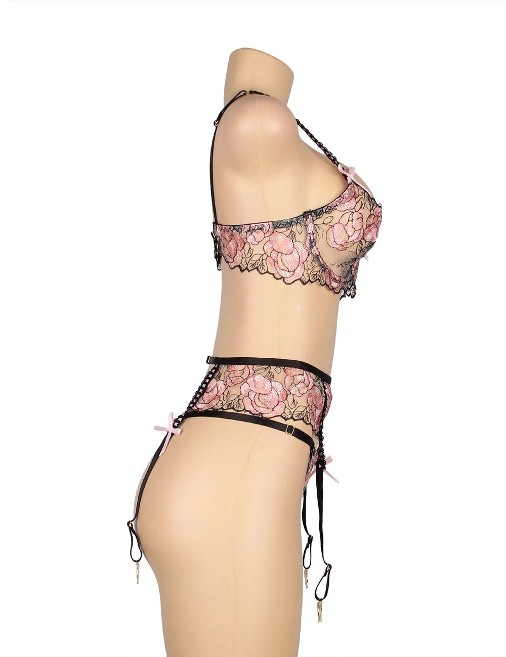Pink Floral Lace Underwire Garter Bra Set