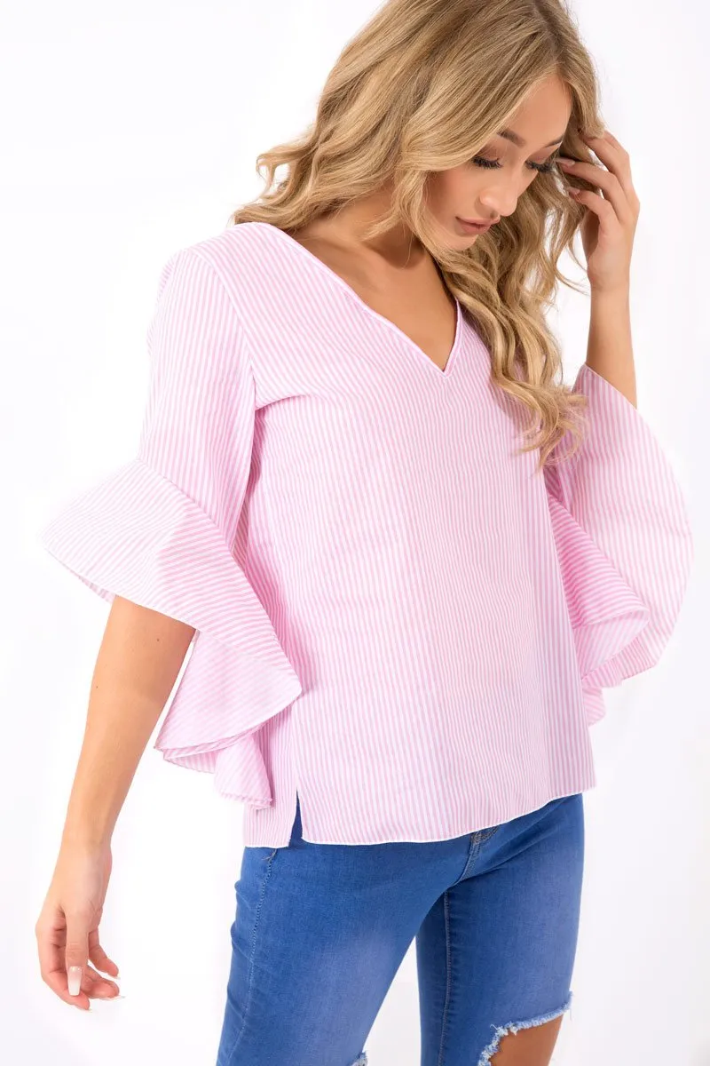 Pink Striped Flare Bell Sleeve Blouse - Yolanda