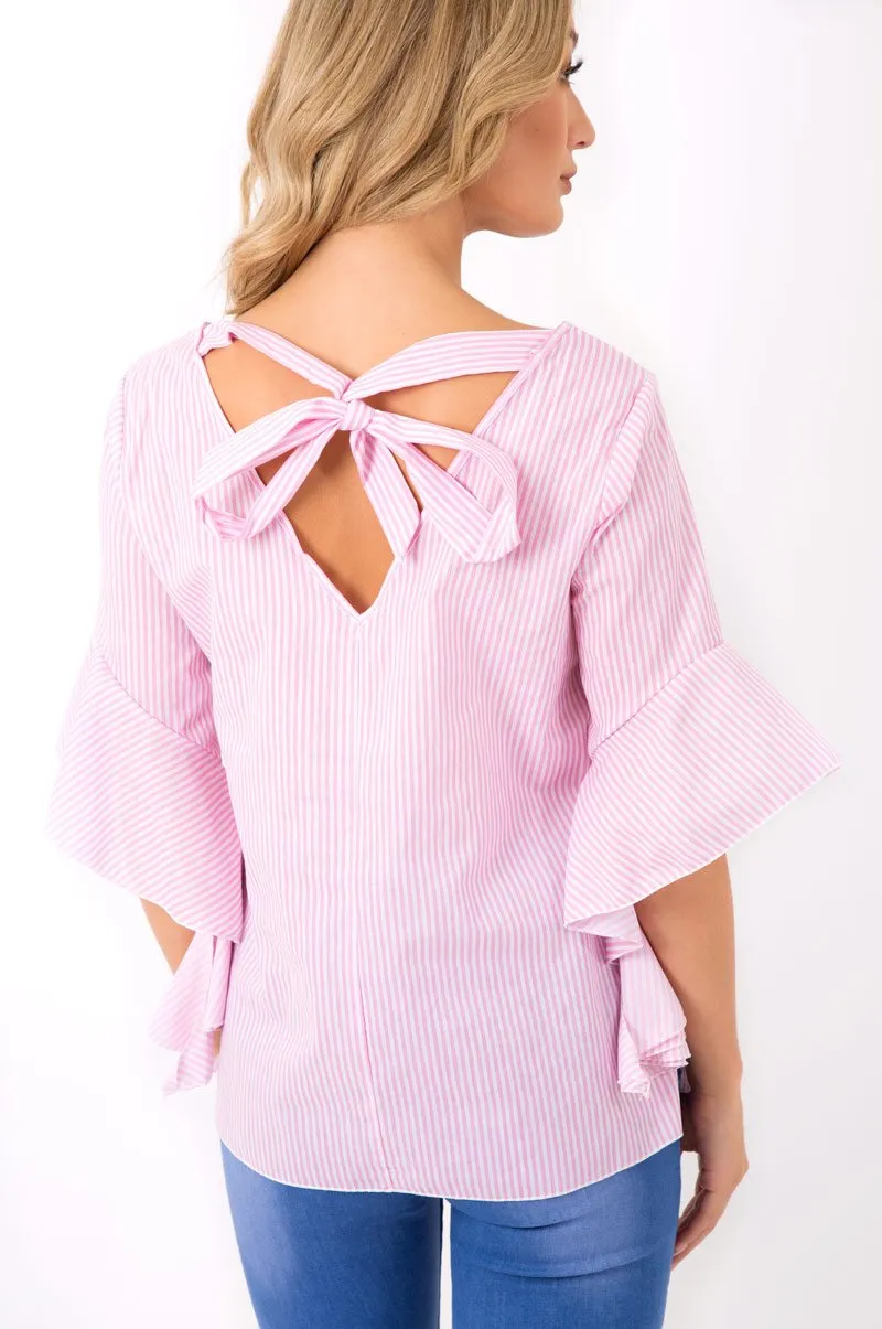 Pink Striped Flare Bell Sleeve Blouse - Yolanda