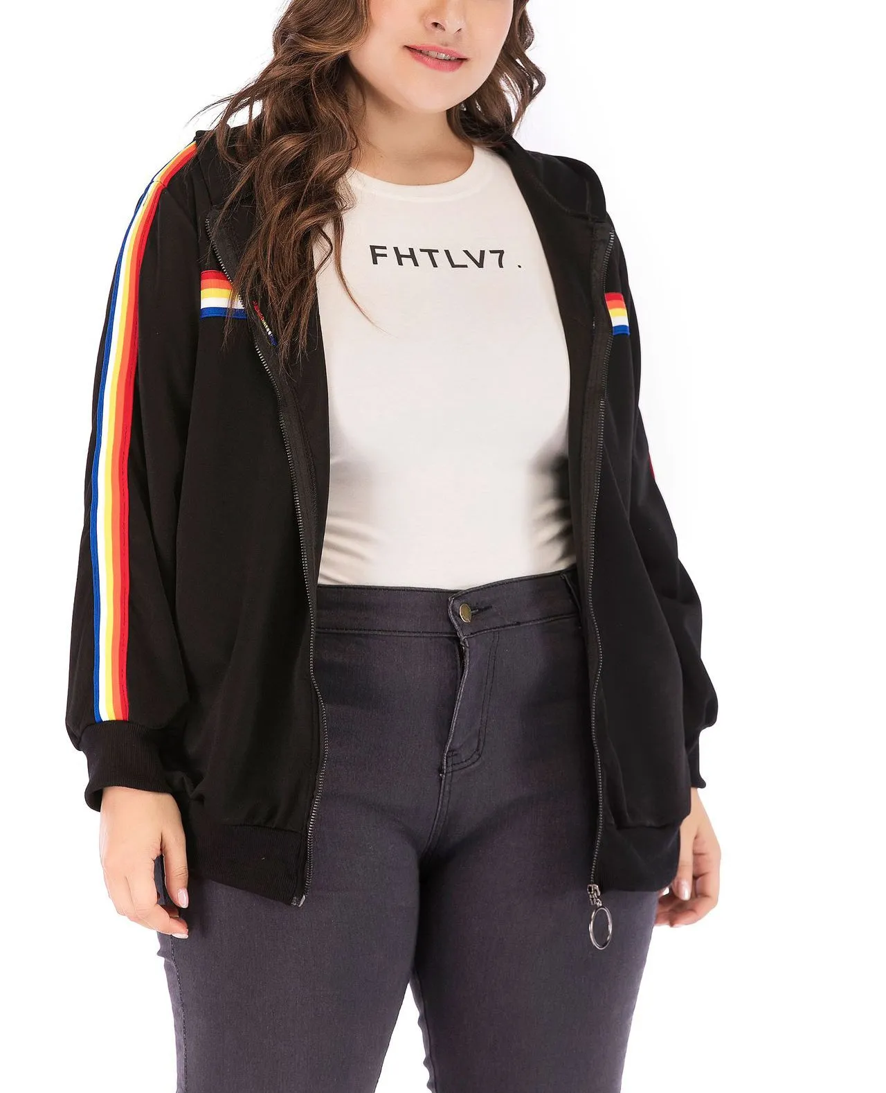 Plus Size Zipper Hooded Ladies Jacket