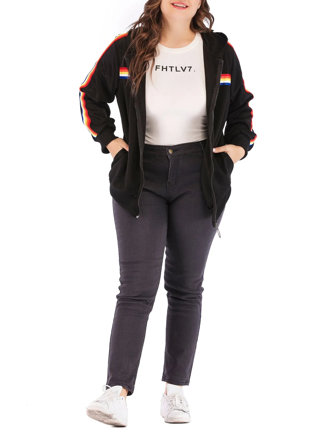 Plus Size Zipper Hooded Ladies Jacket