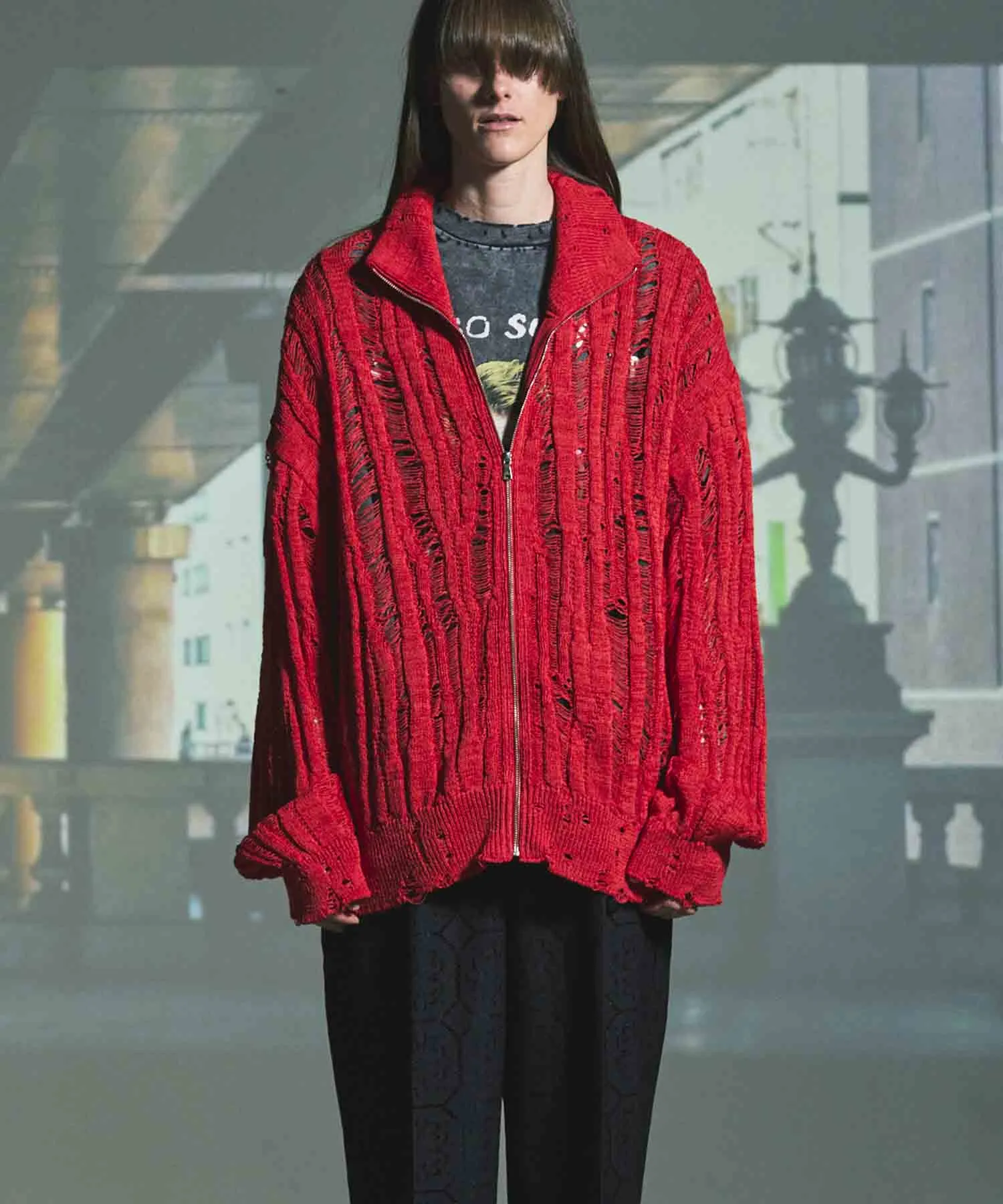Prime-Over Japanese Paper Damaged Knit Zip Up Blouson