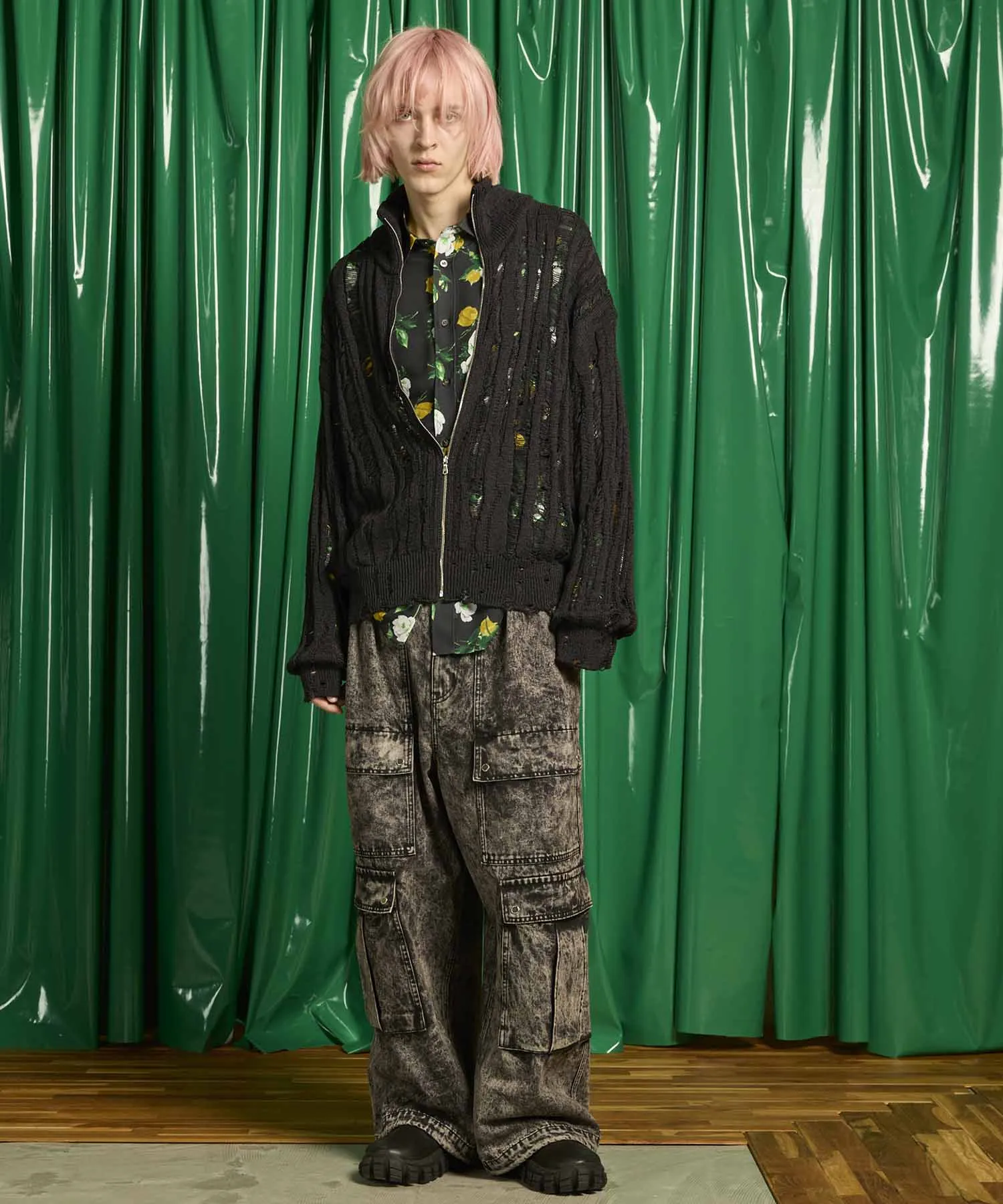 Prime-Over Japanese Paper Damaged Knit Zip Up Blouson