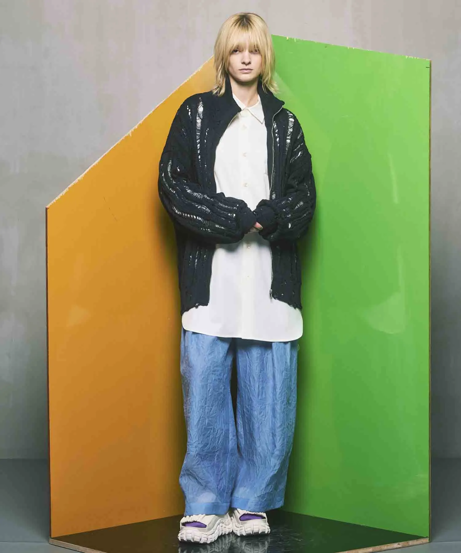 Prime-Over Japanese Paper Damaged Knit Zip Up Blouson