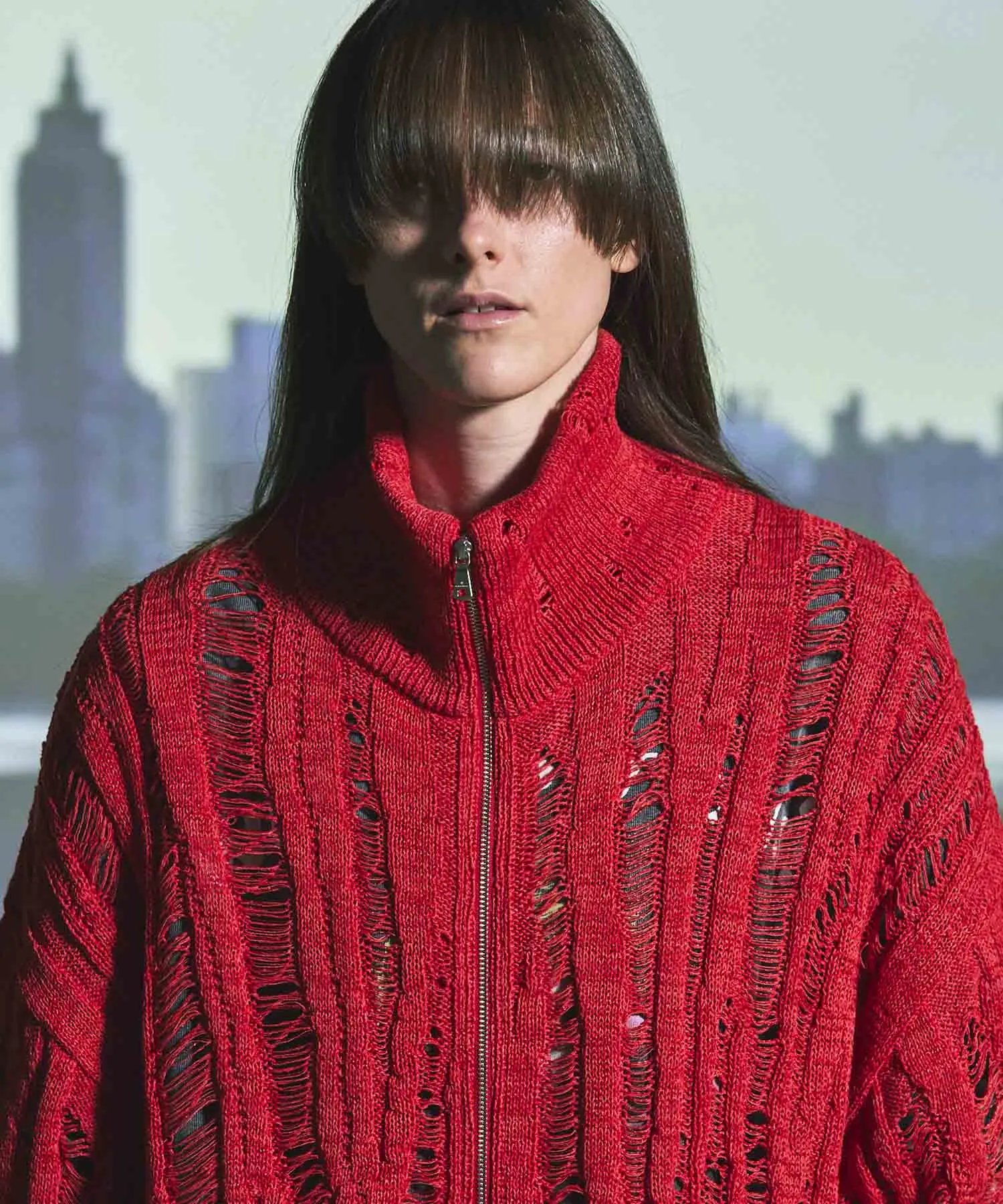 Prime-Over Japanese Paper Damaged Knit Zip Up Blouson