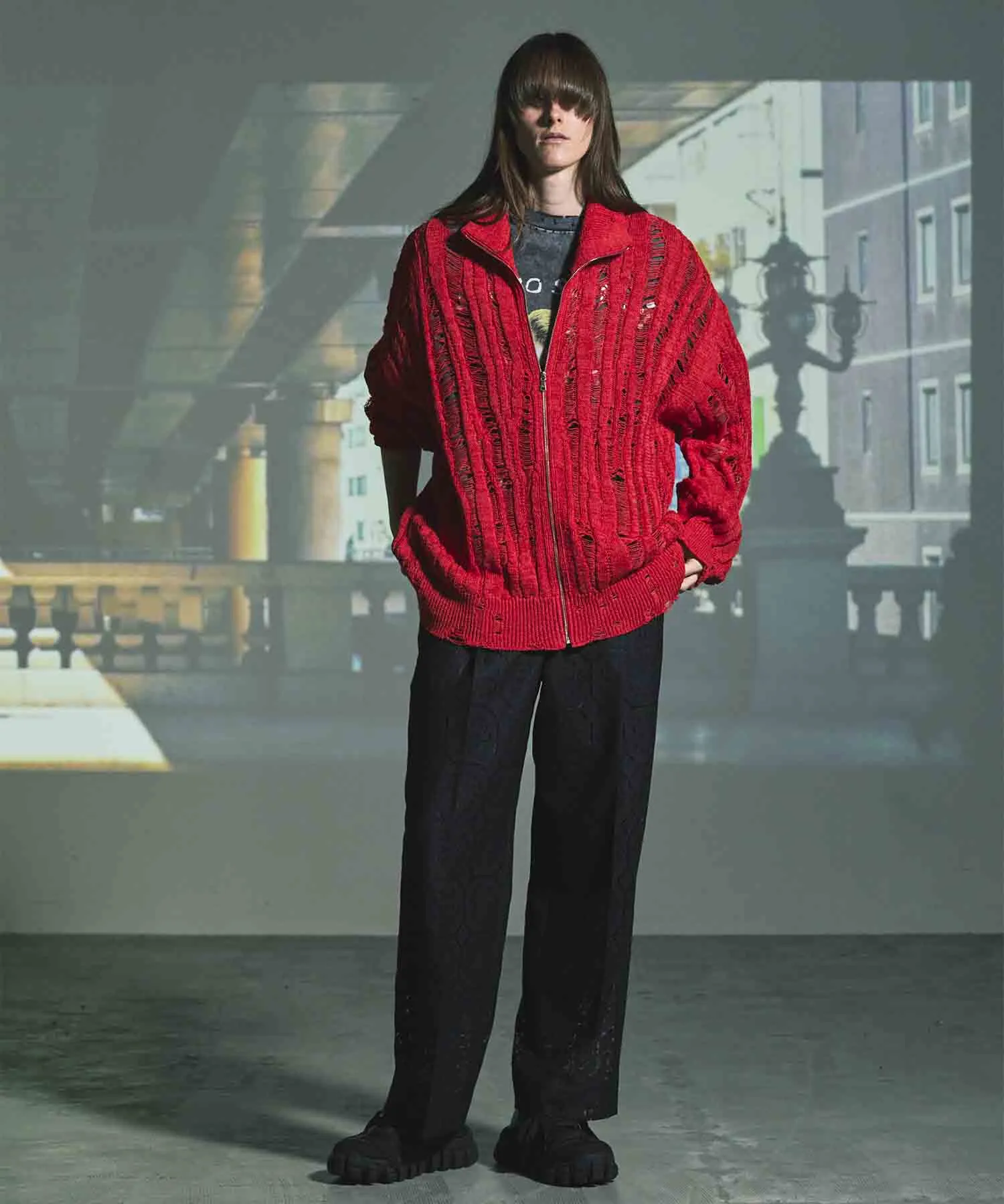 Prime-Over Japanese Paper Damaged Knit Zip Up Blouson