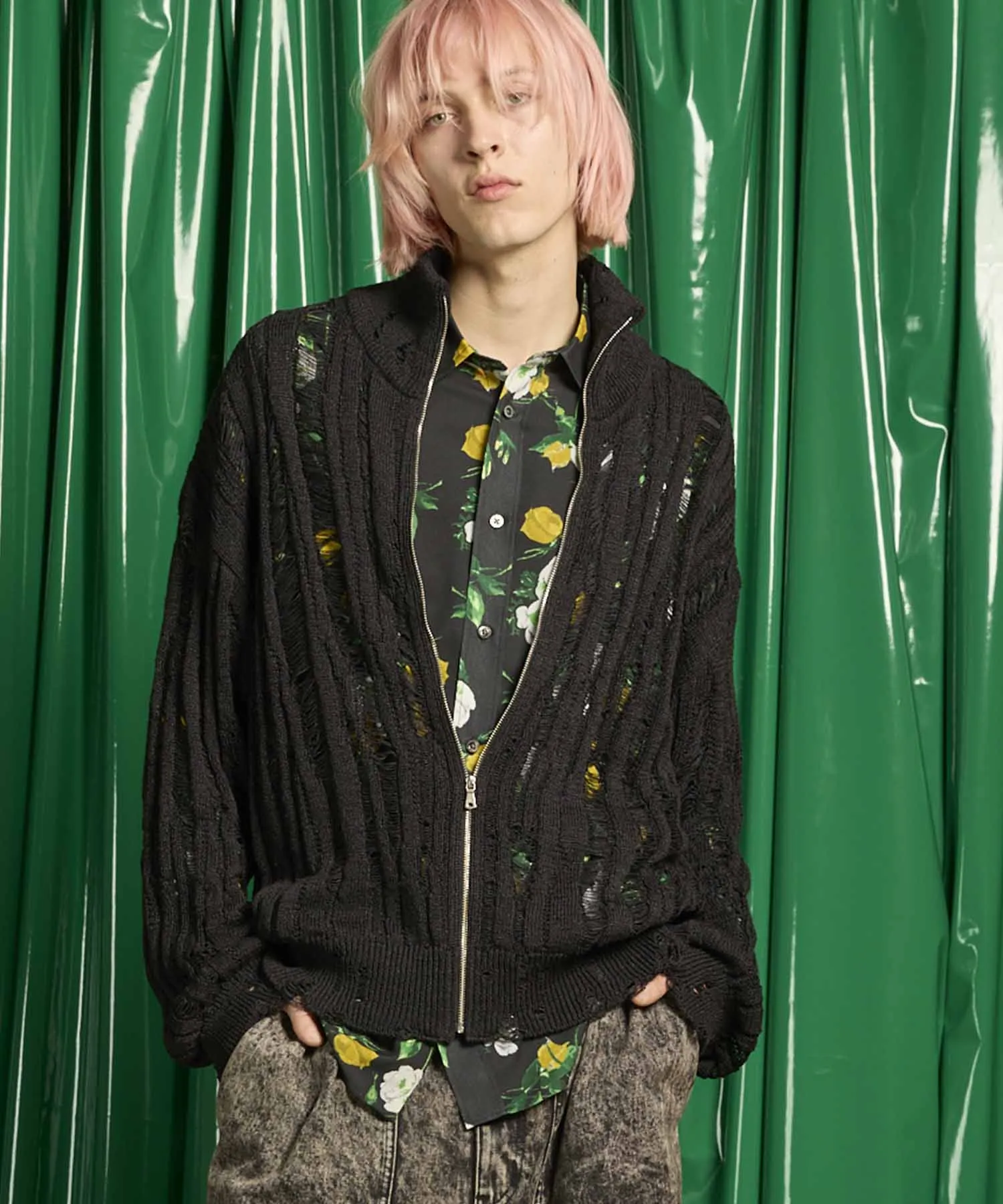 Prime-Over Japanese Paper Damaged Knit Zip Up Blouson