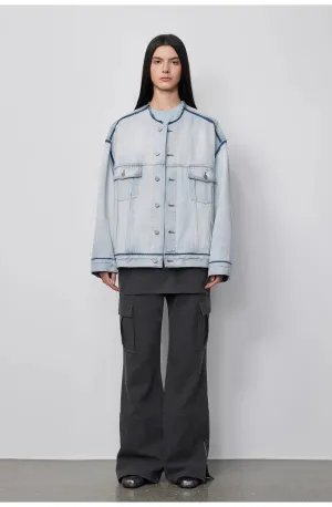 "Starry Sky Market" luxury brand classic washed cotton collarless raw edge denim jacket