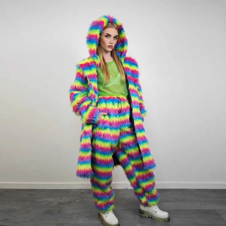 Rainbow shaggy fur coat longline striped carnival trench Gay overcoat fuzzy rave bomber Pride festival jacket LGBT custom fluffy peacoat
