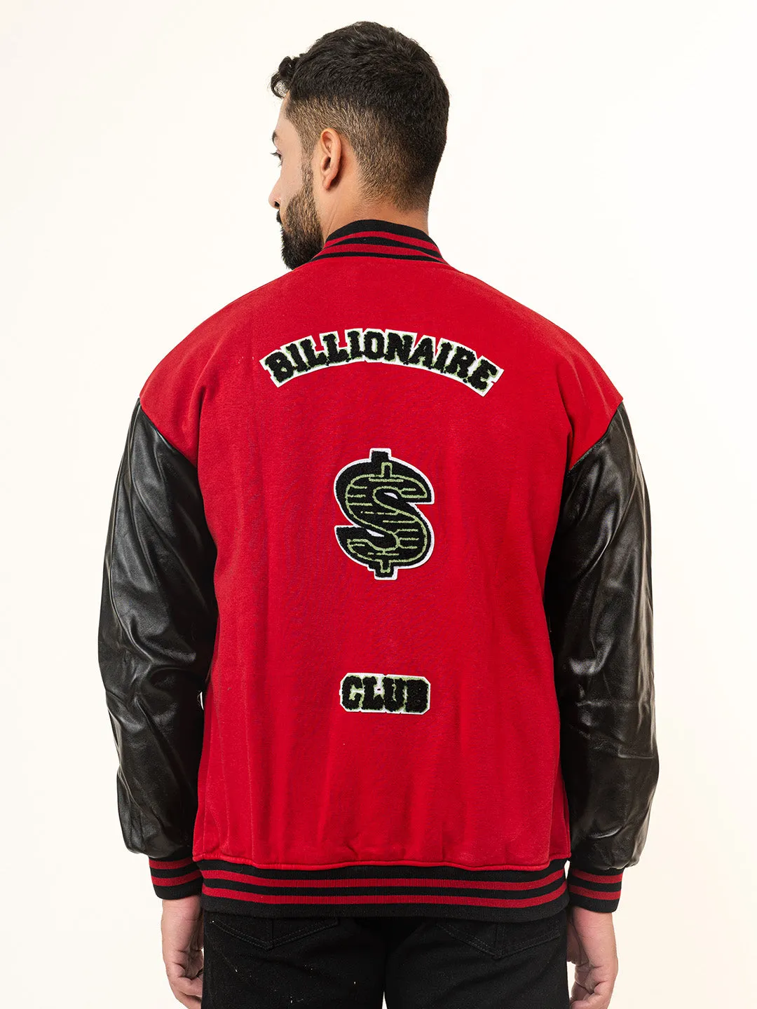 Red Billionaire With Leather Sleeves Varsity Jacket