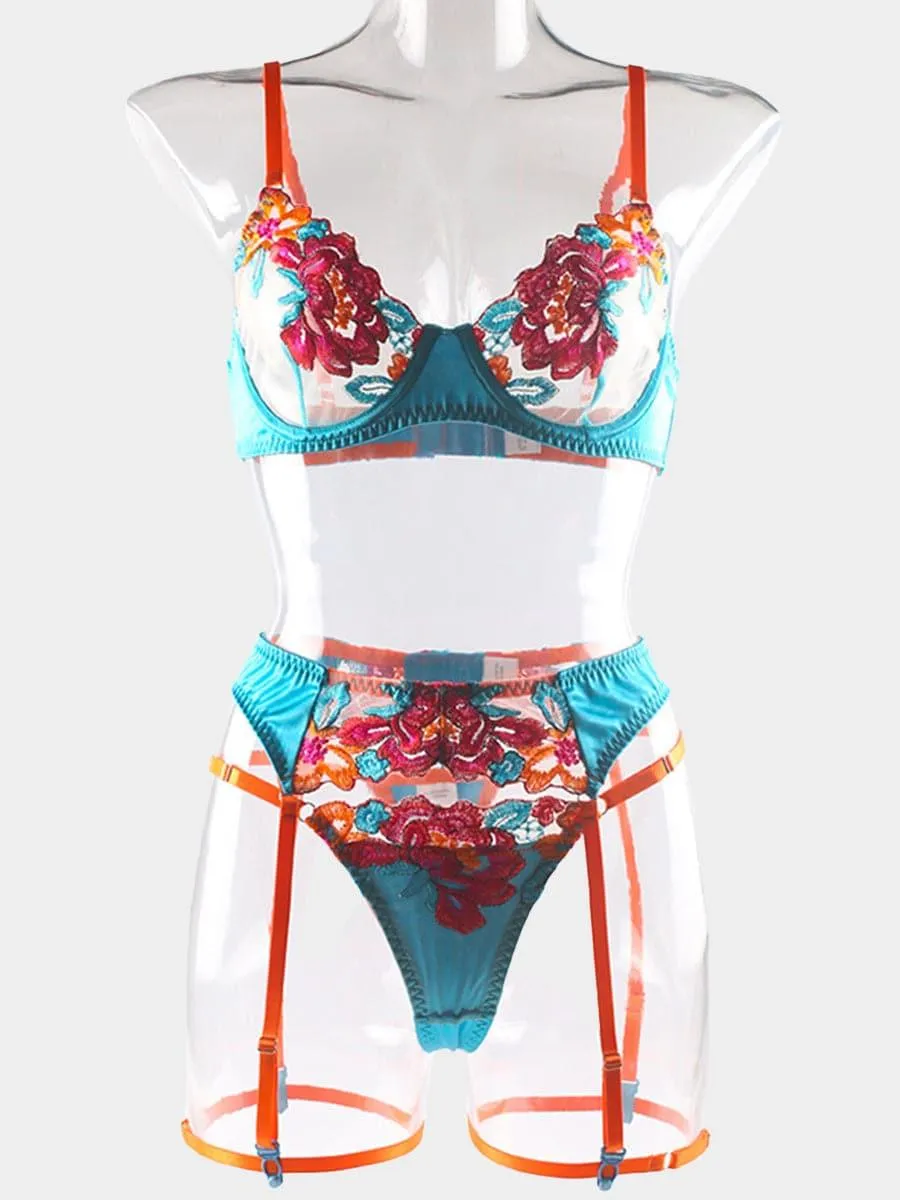 Satin Applique Underwire Lingerie 3 Piece Set MSL017