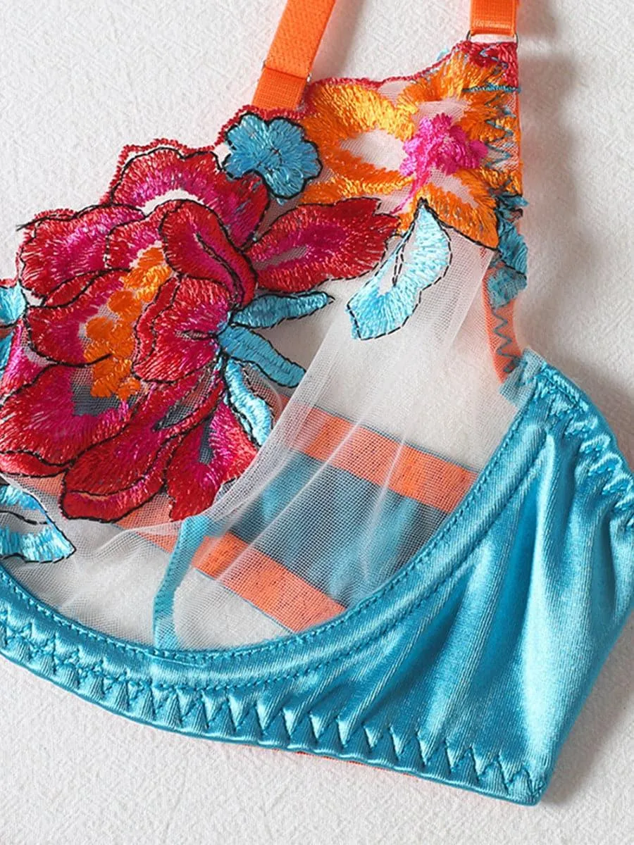 Satin Applique Underwire Lingerie 3 Piece Set MSL017