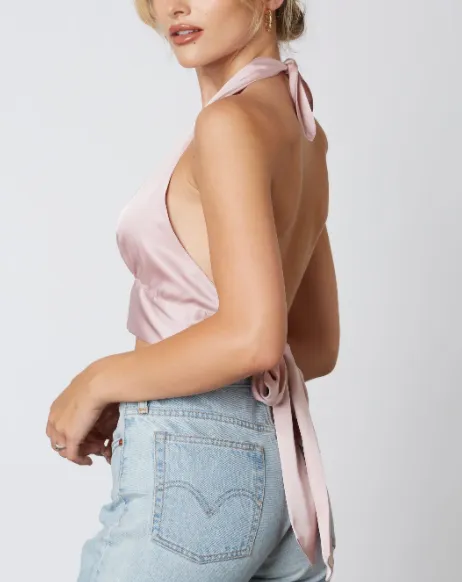 Satin Halter Tie Back Crop Top