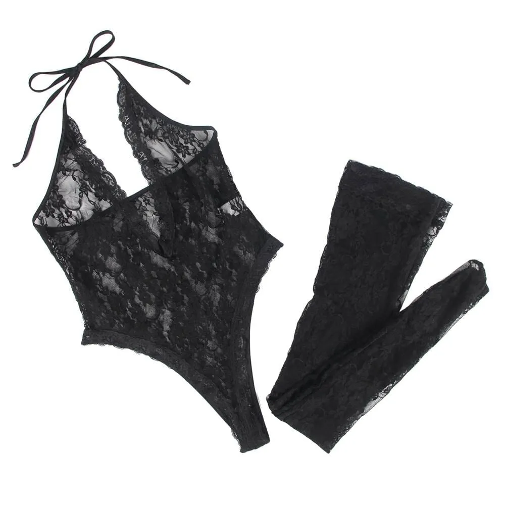 Scandals Halter Neck Bodysuit and Stockings -Multiple Colours