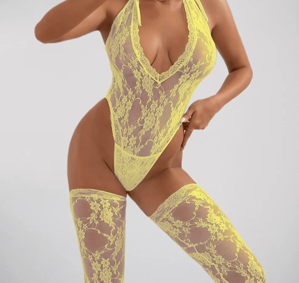 Scandals Halter Neck Bodysuit and Stockings -Multiple Colours