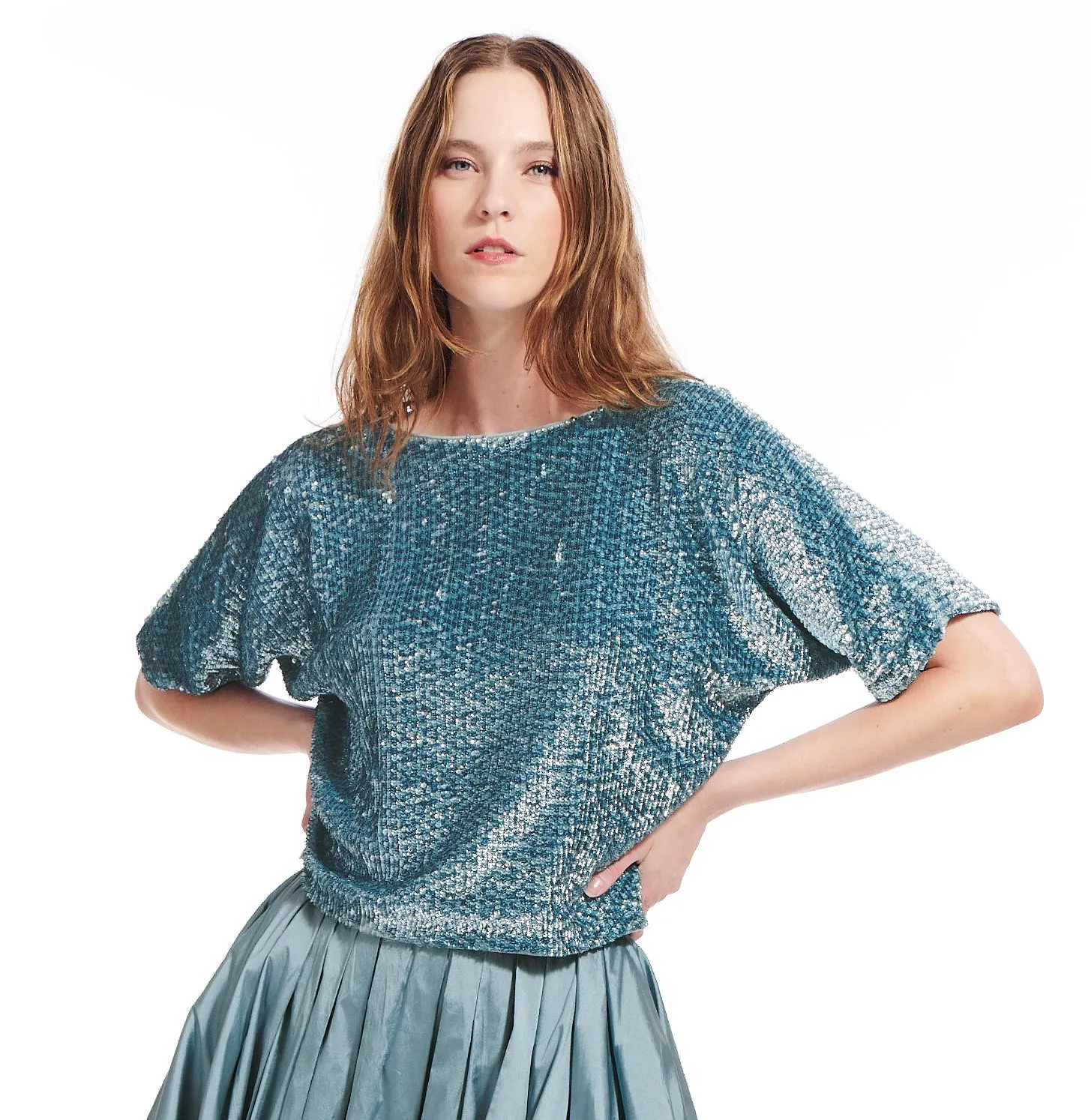 Sequin Blouson with Dolman Sleeves BLACK