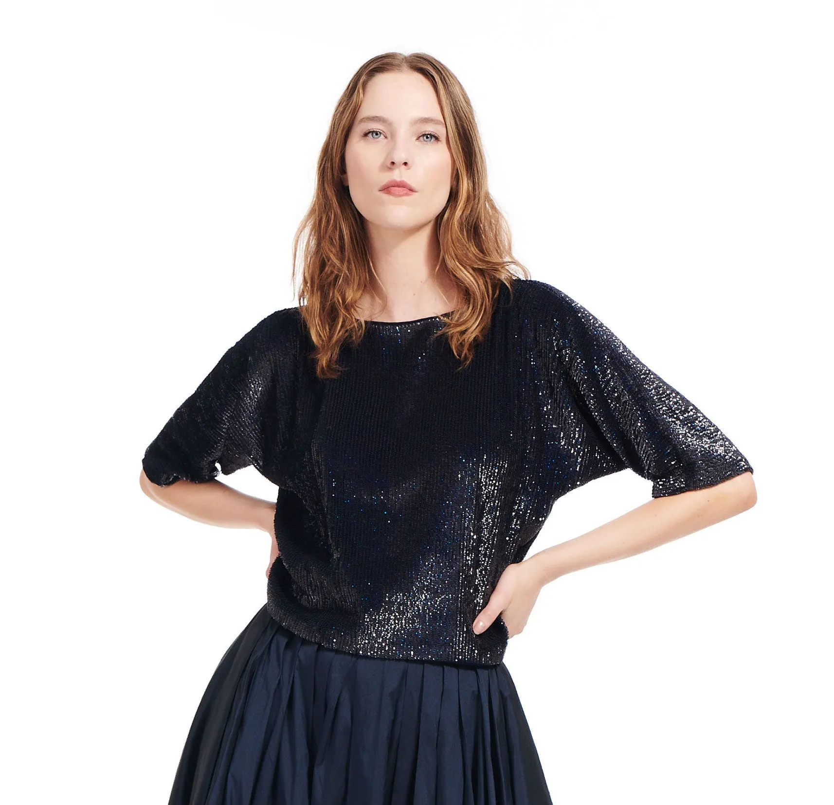 Sequin Blouson with Dolman Sleeves BLACK