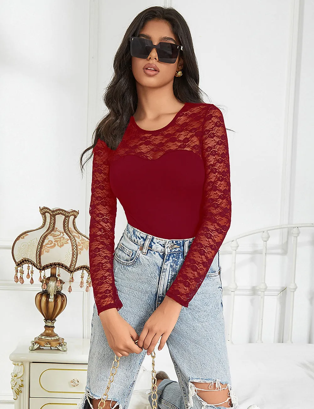 Sexy Swim Cloth Lace Long Sleeves Open Crotch Bodysuit