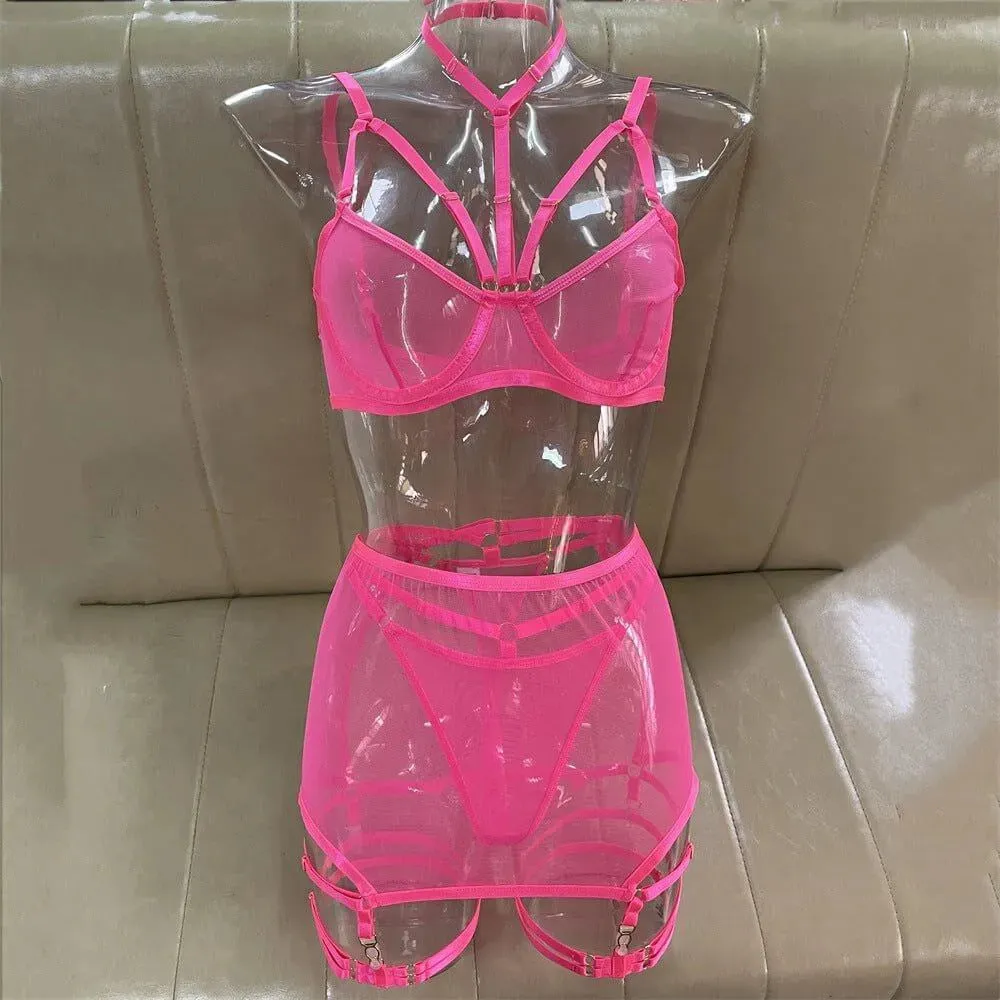 Sheer Skirted Three Piece Lingerie Set