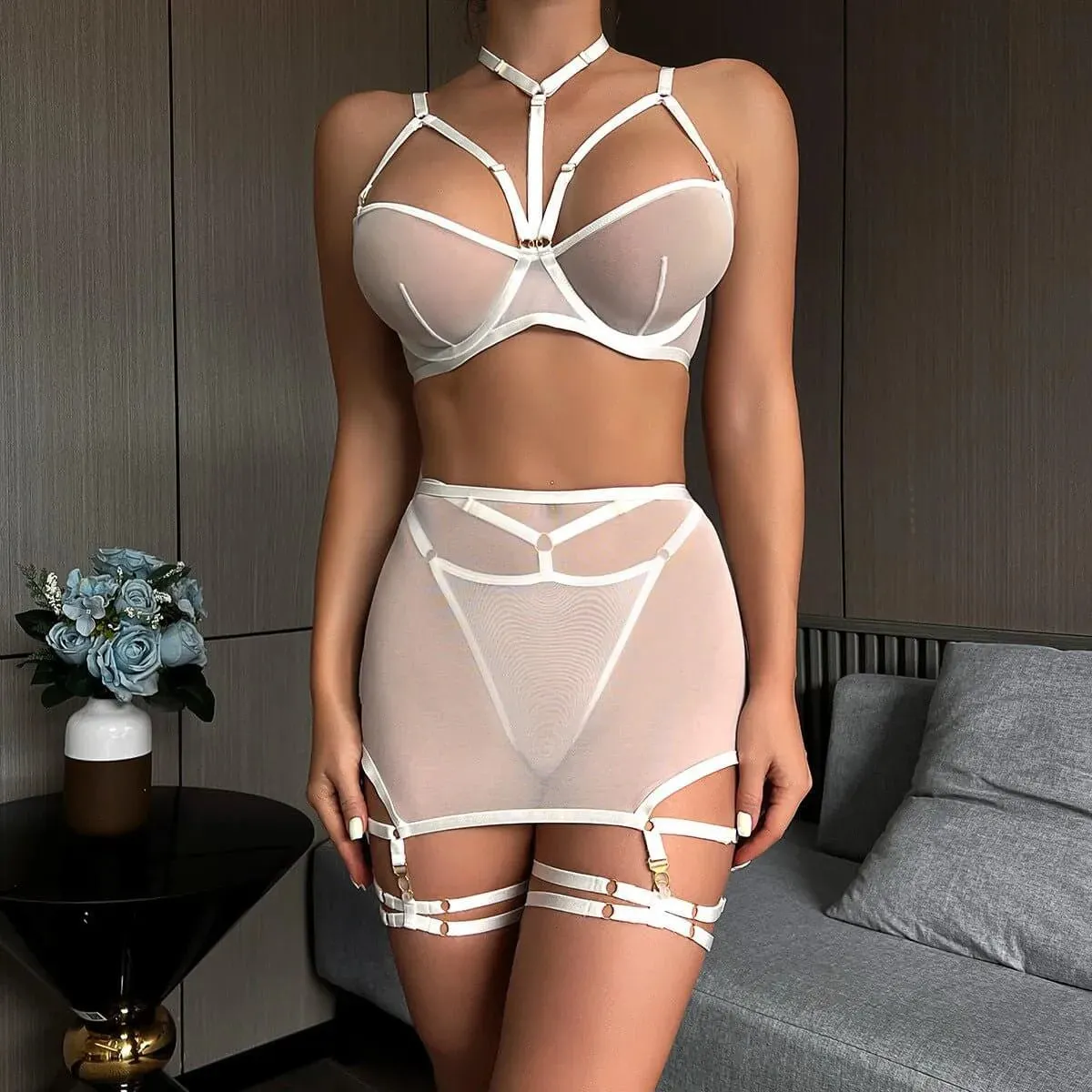 Sheer Skirted Three Piece Lingerie Set