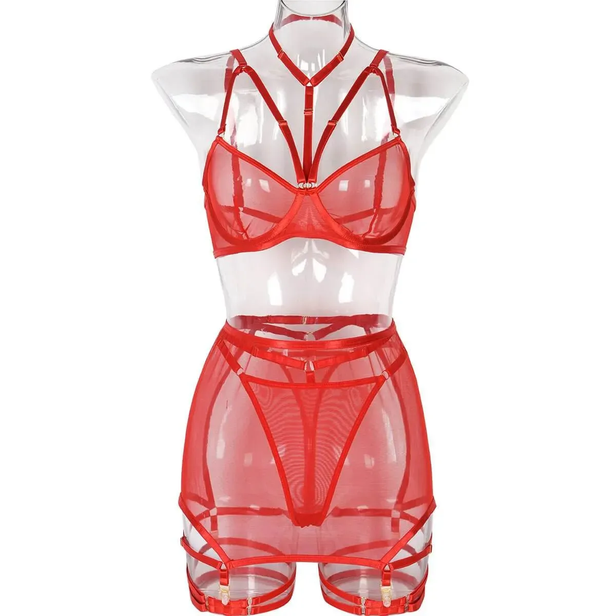 Sheer Skirted Three Piece Lingerie Set