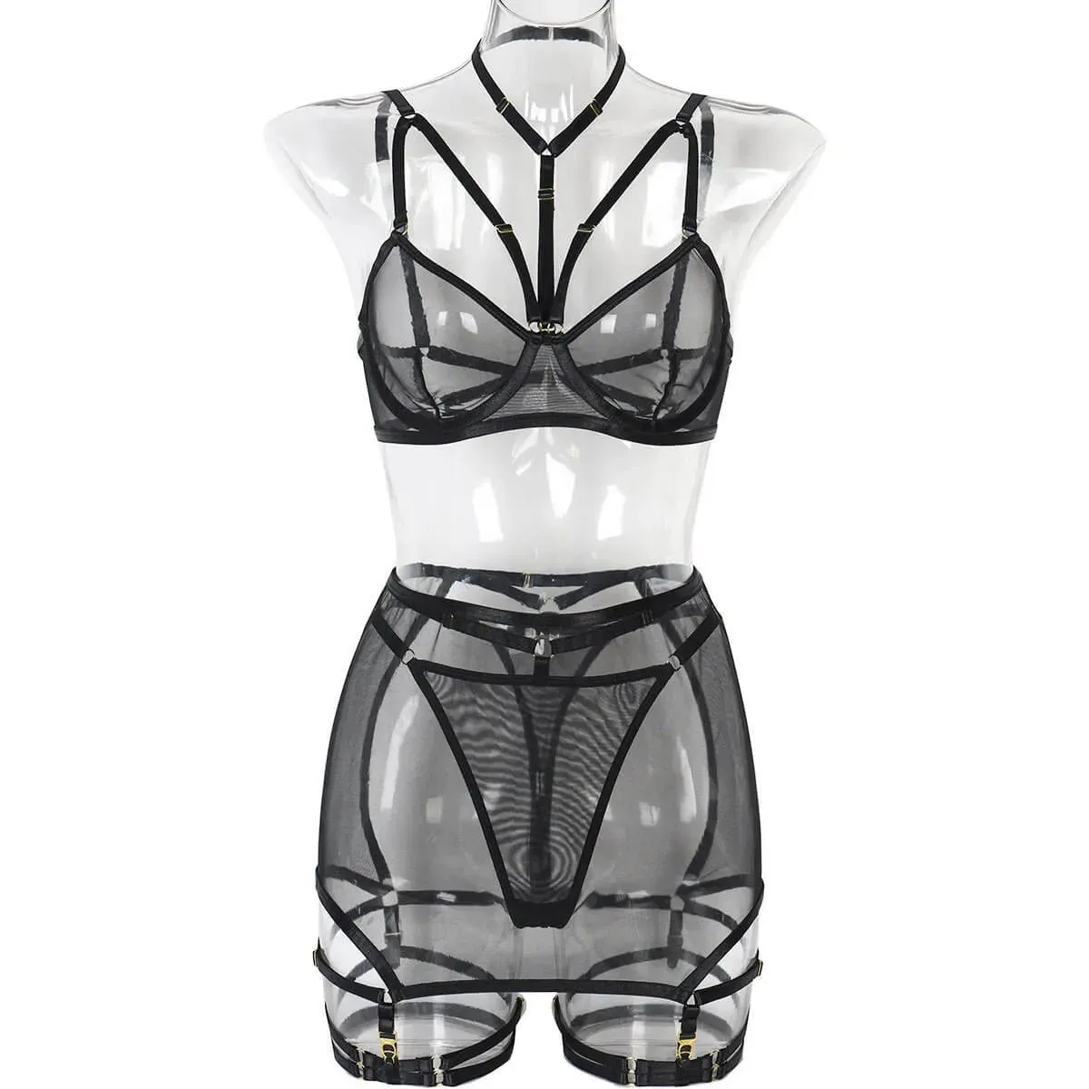 Sheer Skirted Three Piece Lingerie Set