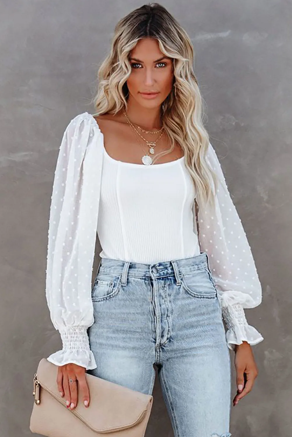 Solid Swiss Dot Ribbed Puff Sleeve Bodysuit