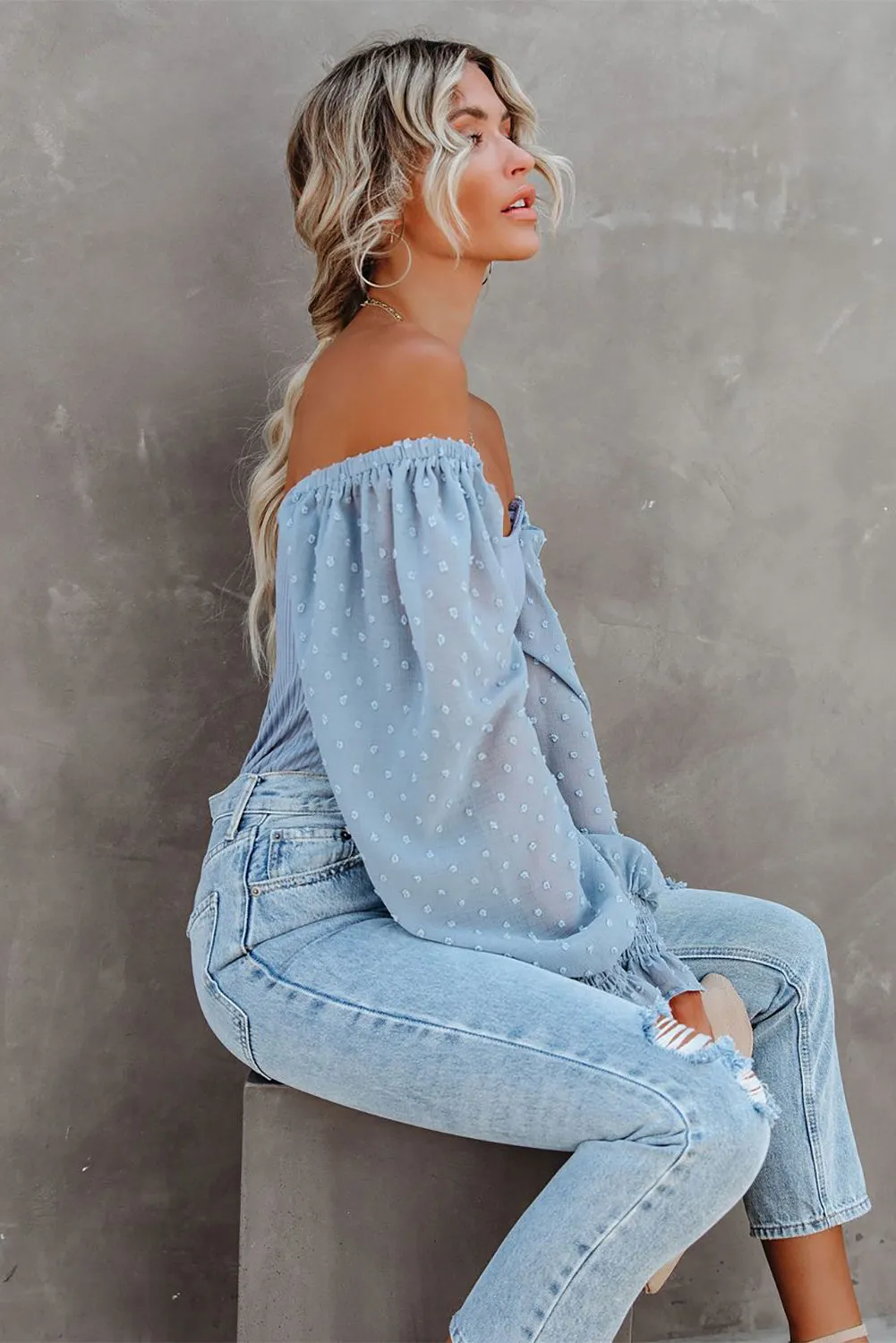 Solid Swiss Dot Ribbed Puff Sleeve Bodysuit