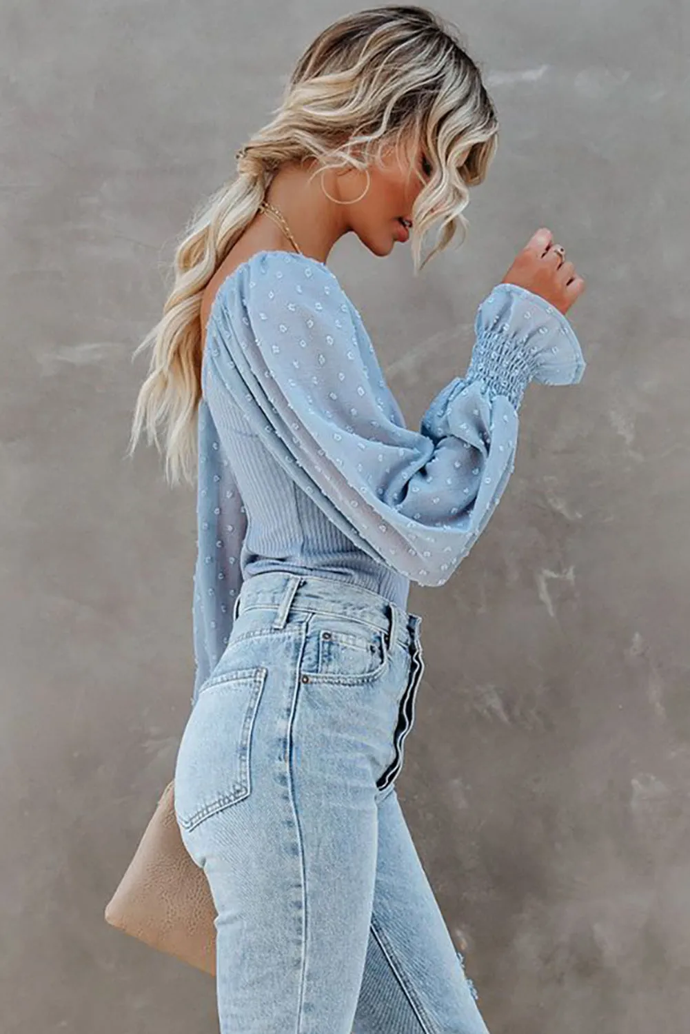 Solid Swiss Dot Ribbed Puff Sleeve Bodysuit