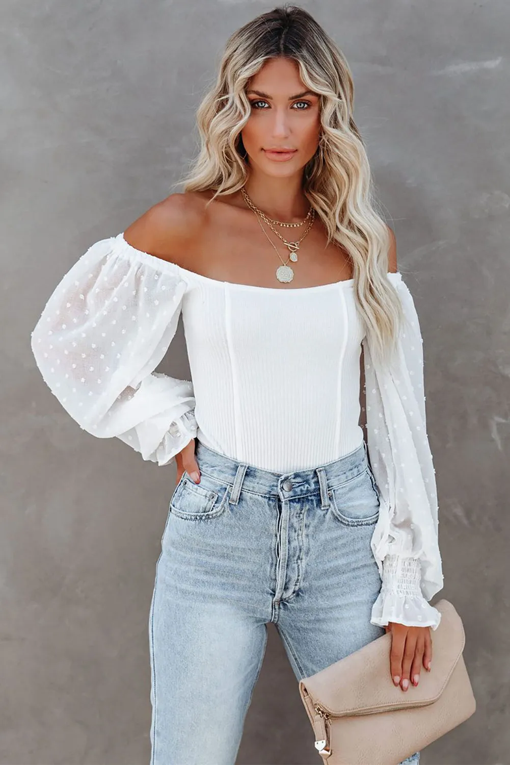 Solid Swiss Dot Ribbed Puff Sleeve Bodysuit