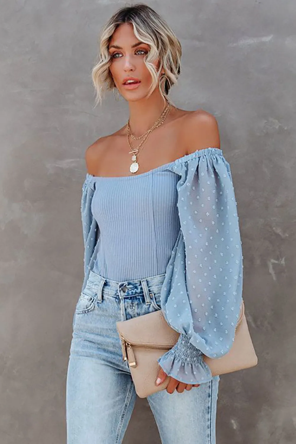 Solid Swiss Dot Ribbed Puff Sleeve Bodysuit