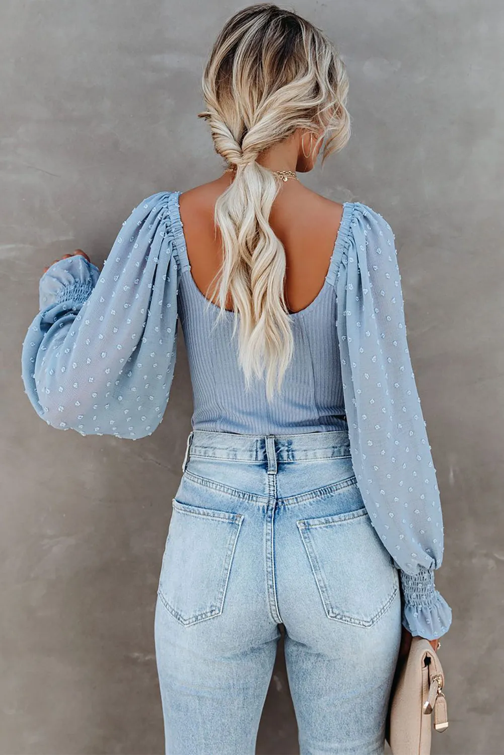 Solid Swiss Dot Ribbed Puff Sleeve Bodysuit