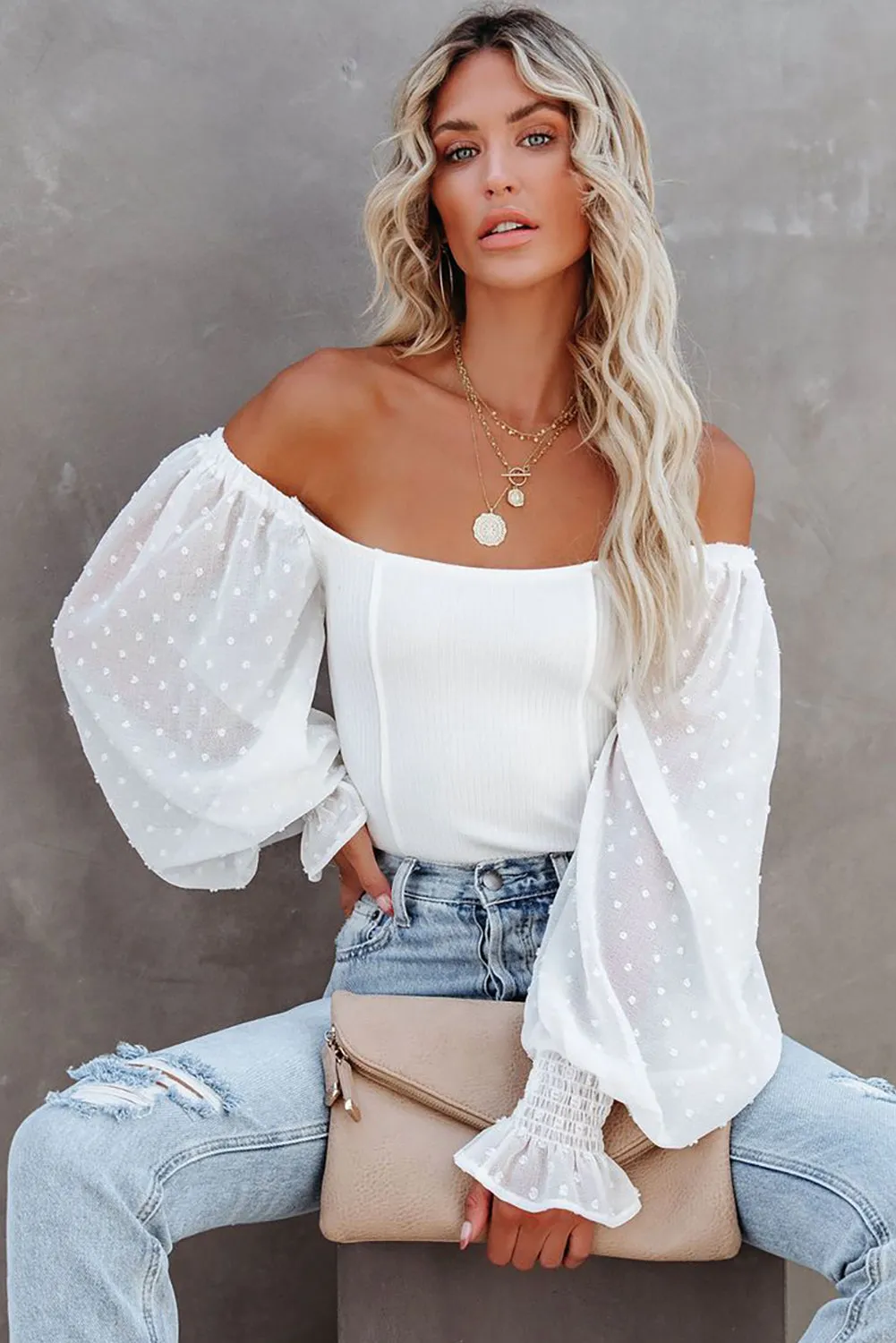 Solid Swiss Dot Ribbed Puff Sleeve Bodysuit