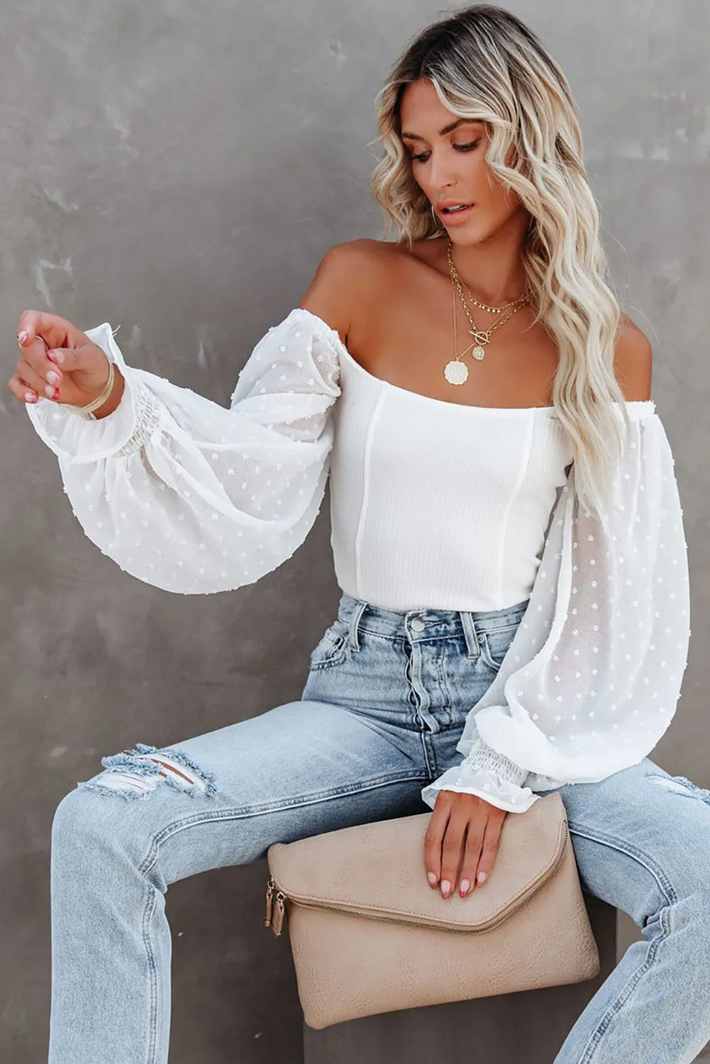 Solid Swiss Dot Ribbed Puff Sleeve Bodysuit