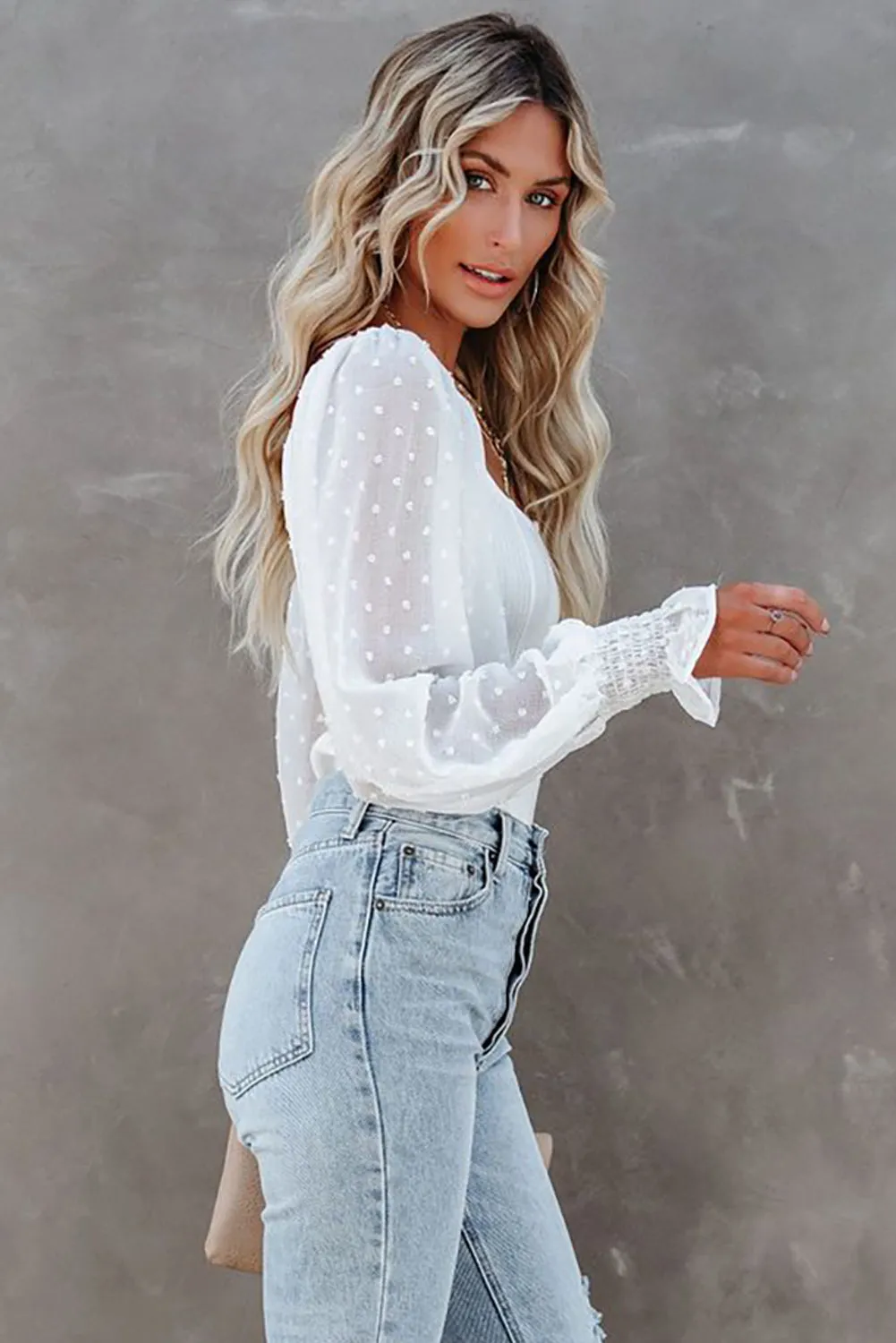 Solid Swiss Dot Ribbed Puff Sleeve Bodysuit