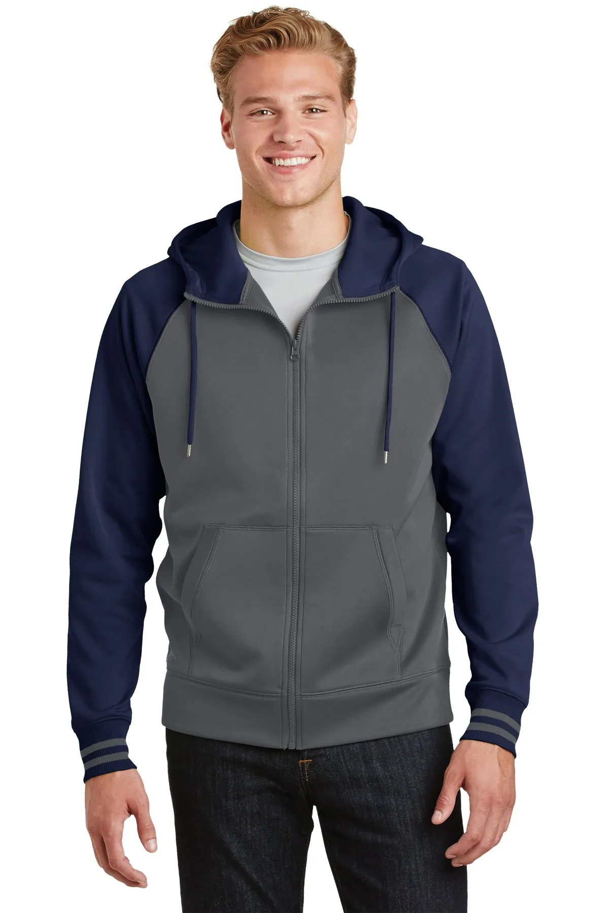 Sport-Tek Sport-Wick Varsity Fleece Full-Zip Hooded Jacket. ST236 Dark Smoke Grey/ Navy