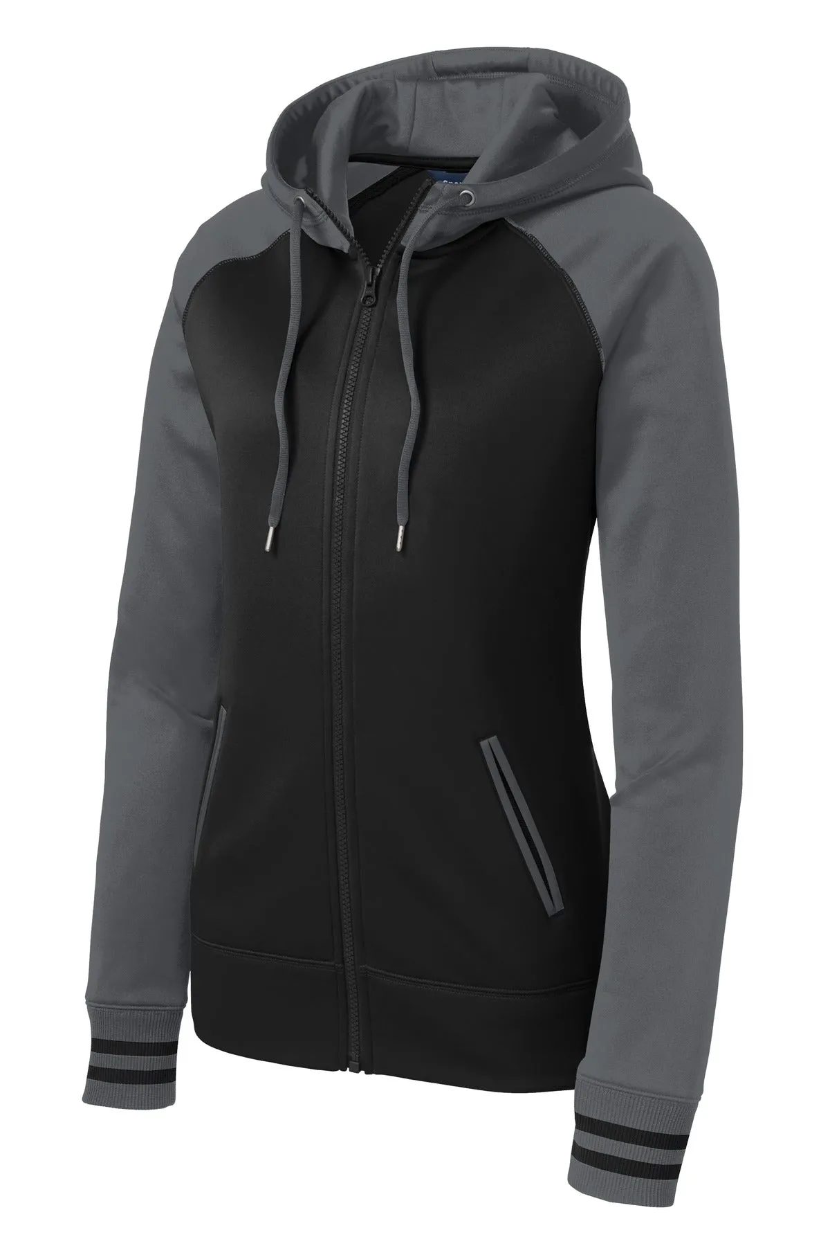 Sport-Tek Women's Sport-Wick Varsity Fleece Full-Zip Hooded Jacket. LST236 Black/ Dark Smoke Grey