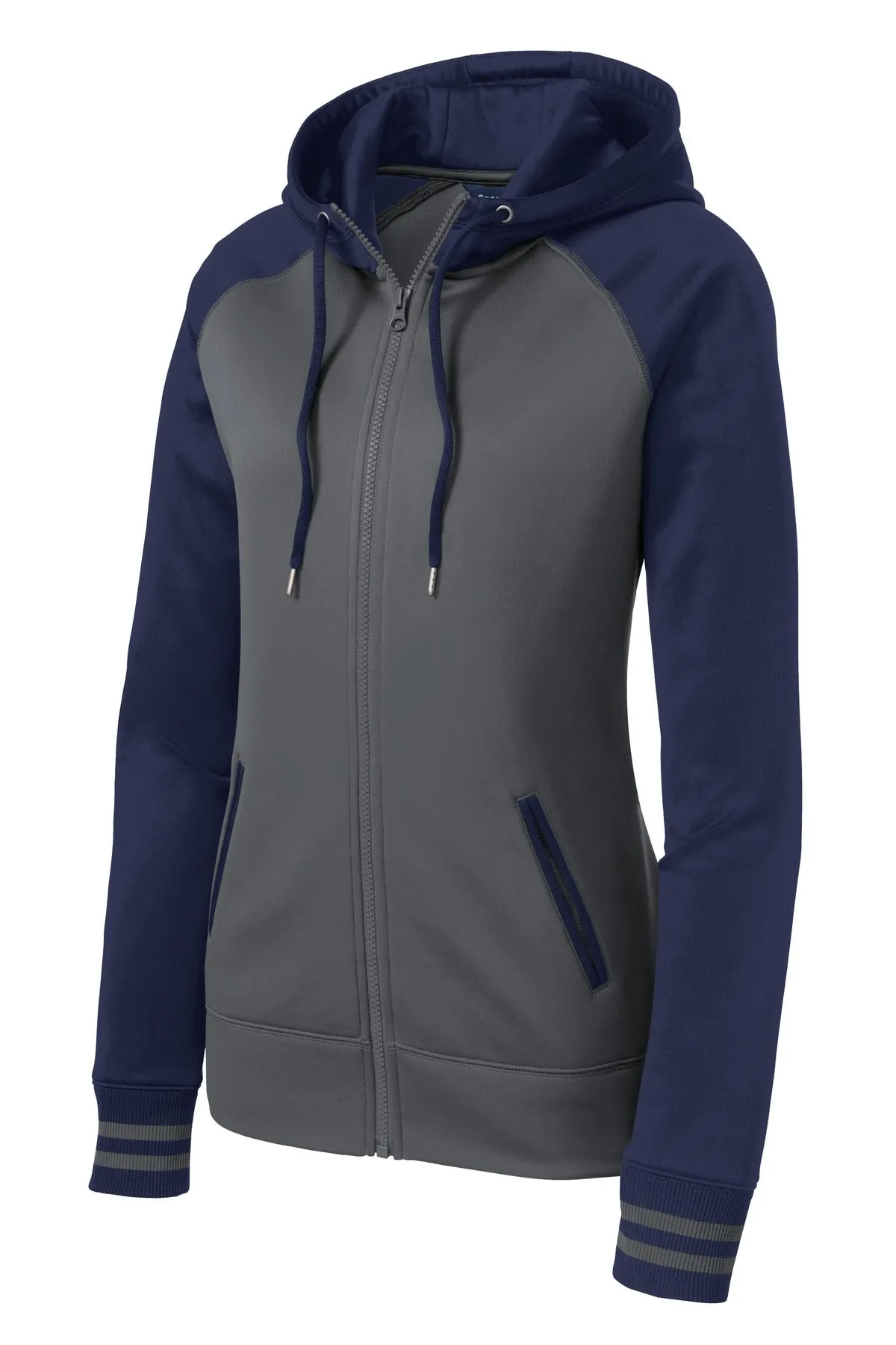 Sport-Tek Women's Sport-Wick Varsity Fleece Full-Zip Hooded Jacket. LST236 Dark Smoke Grey/ Navy