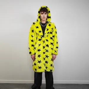 Star print fur coat yellow long heavy trench fluorescent psychedelic overcoat rave bomber festival geometric jacket custom going out peacoat