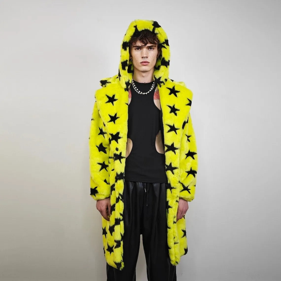 Star print fur coat yellow long heavy trench fluorescent psychedelic overcoat rave bomber festival geometric jacket custom going out peacoat
