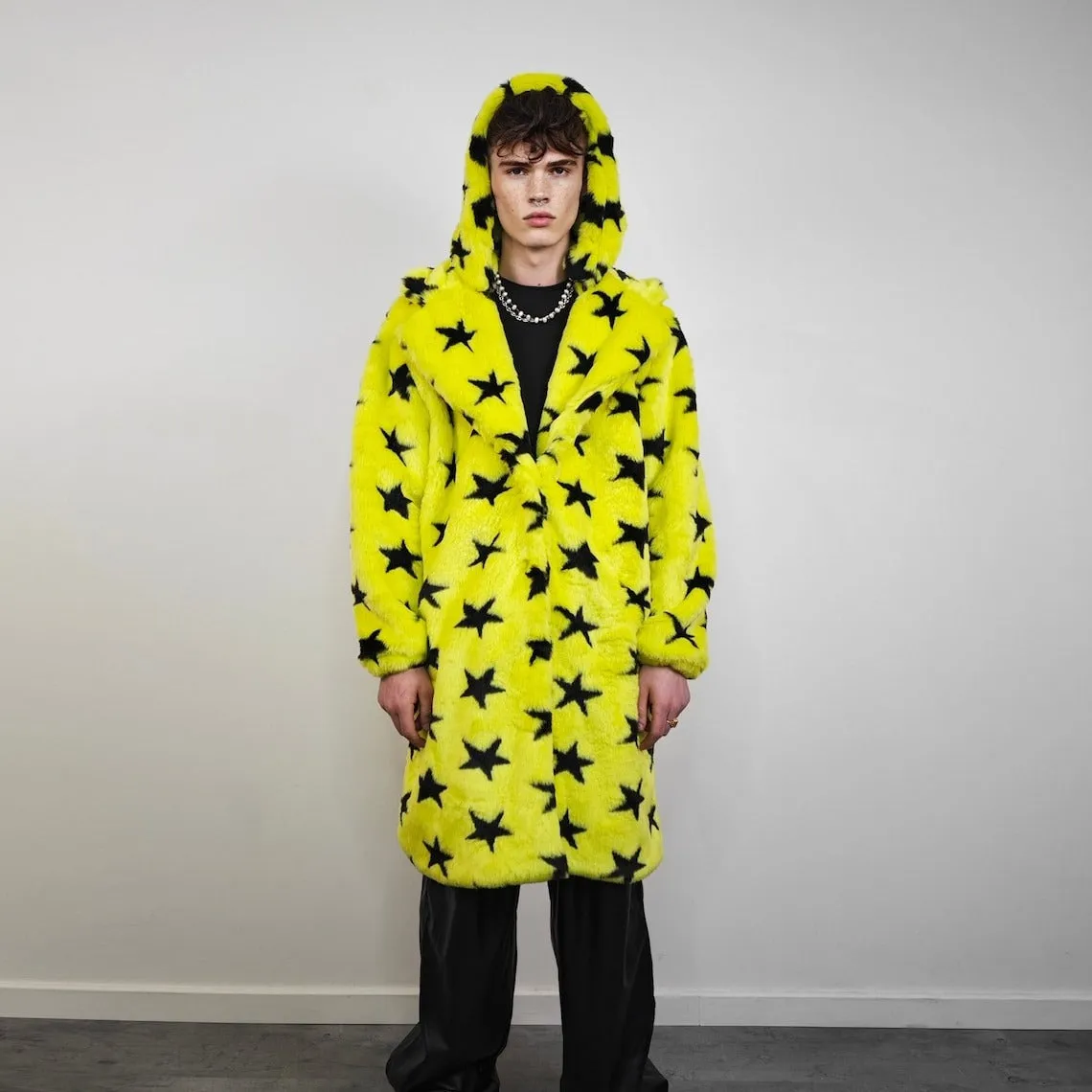 Star print fur coat yellow long heavy trench fluorescent psychedelic overcoat rave bomber festival geometric jacket custom going out peacoat