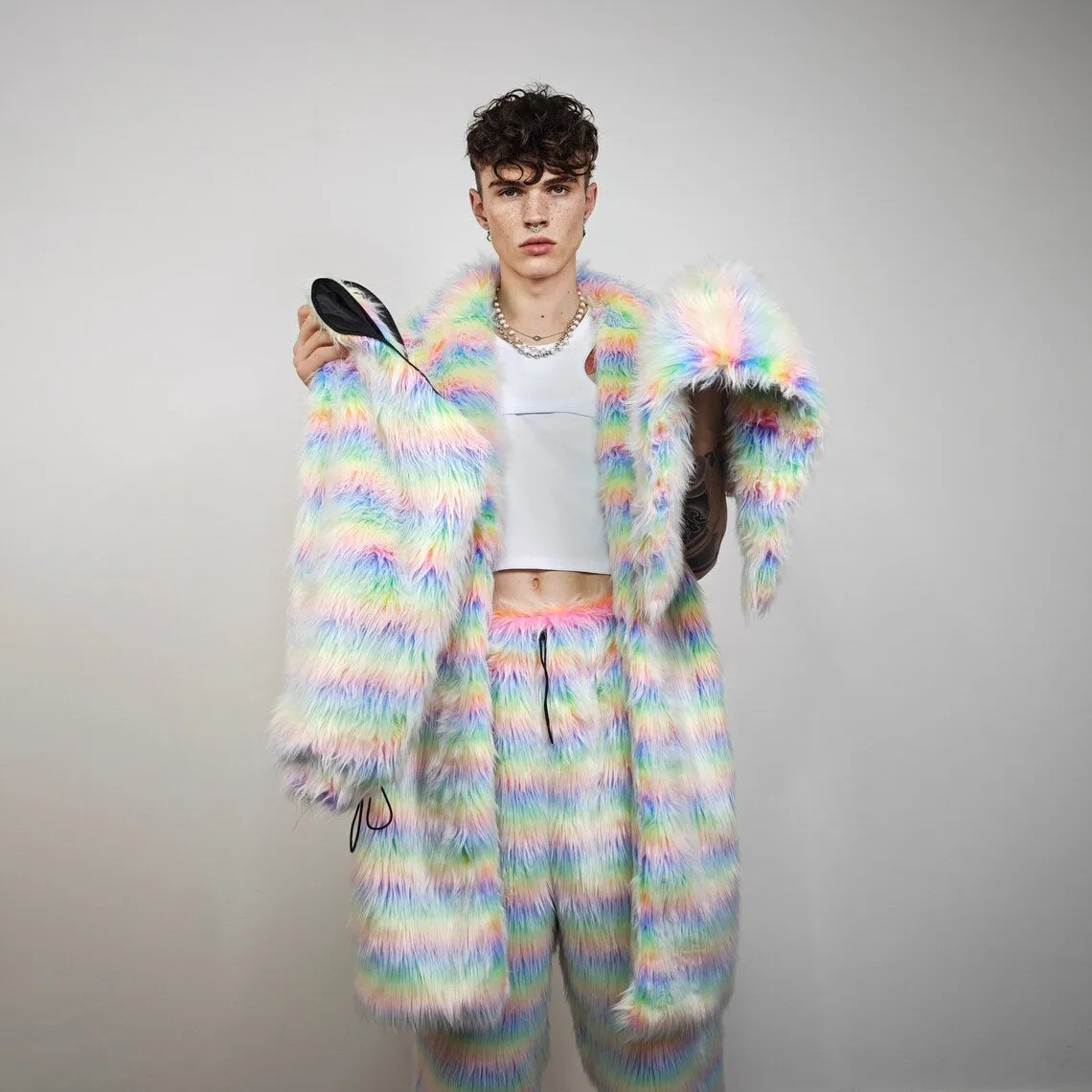 Striped shaggy fur coat longline pastel stripe carnival trench Gay overcoat fuzzy rave bomber Pride festival jacket LGBT custom peacoat