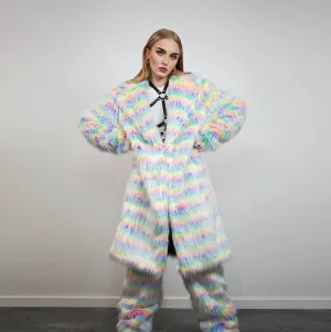 Striped shaggy fur coat longline pastel stripe carnival trench Gay overcoat fuzzy rave bomber Pride festival jacket LGBT custom peacoat