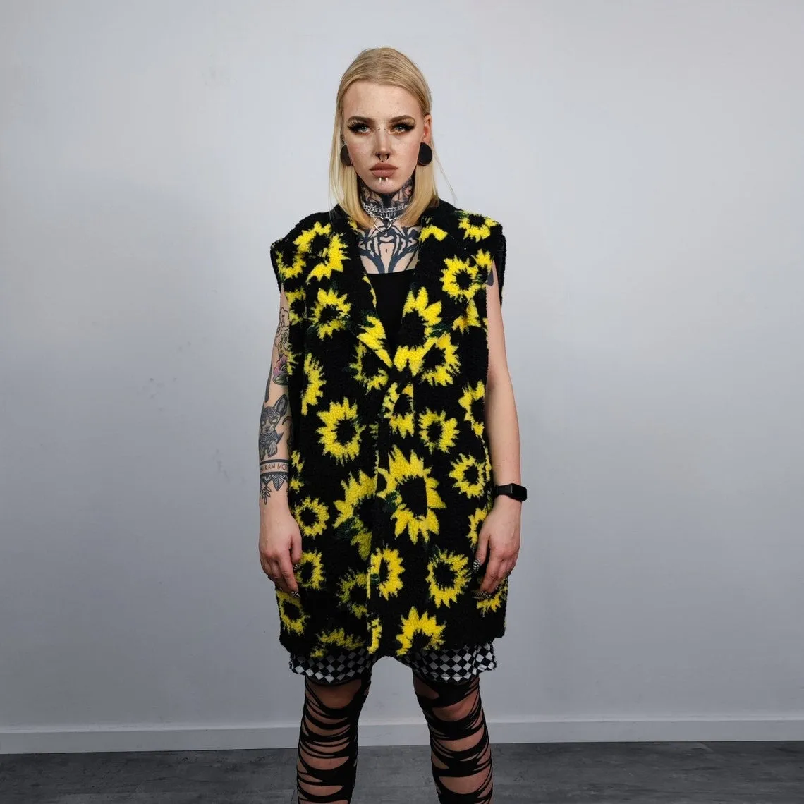 Sunflower fleece coat daisy trench floral pattern overcoat detachable sleeves rave bomber festival party jacket custom peacoat yellow black