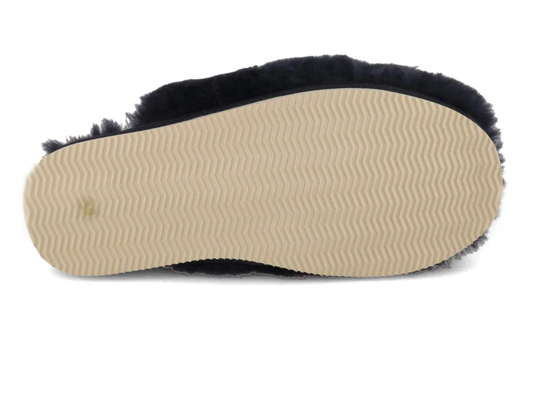THIES Women's Sheepskin Slippers Fluffy, Navy
